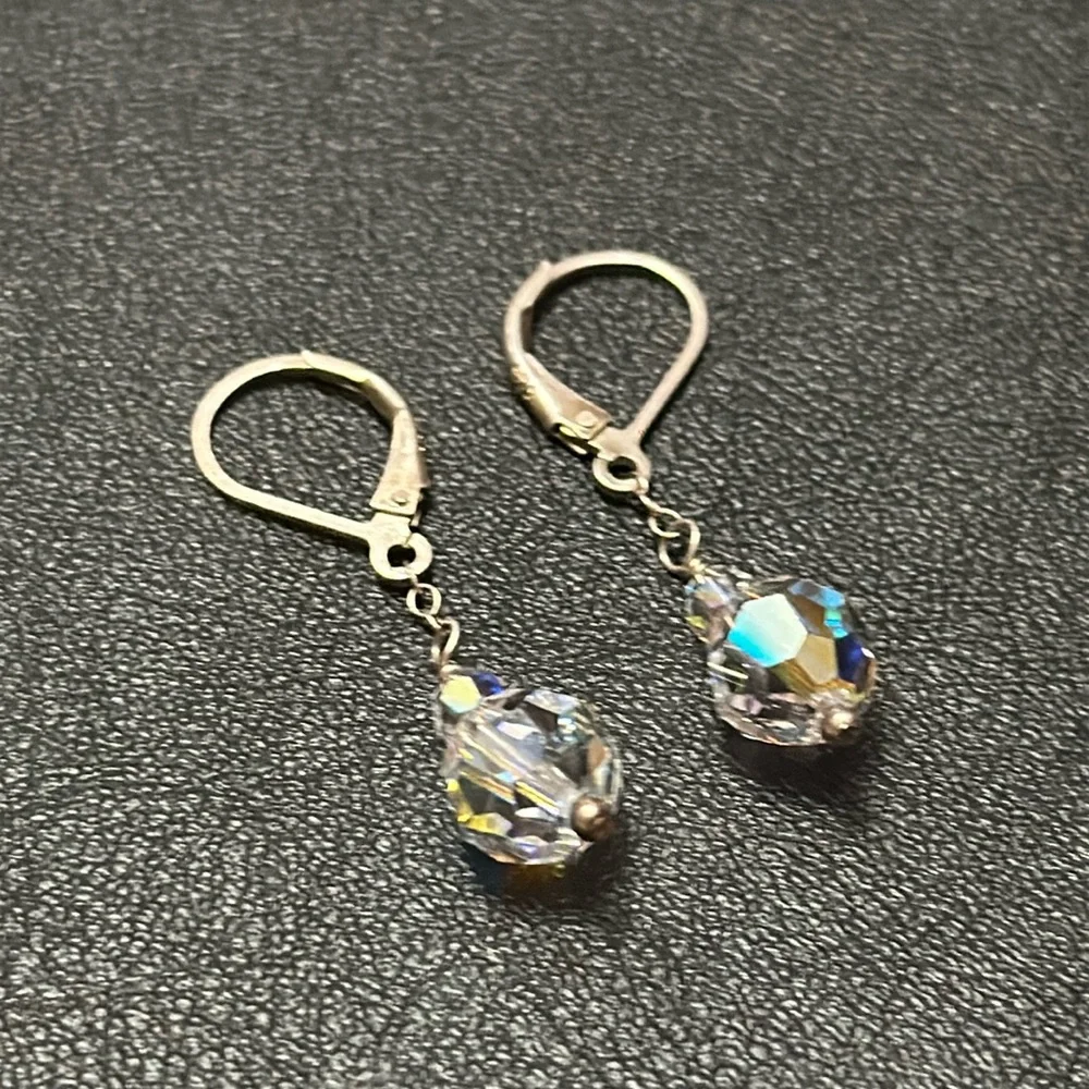925 Silver Wire Hook Lever Back AB Clear Crystal Dangle Vintage Earrings